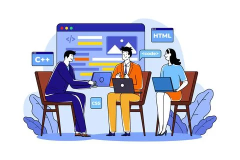 Team writes code programming for app or website 스톡 일러스트