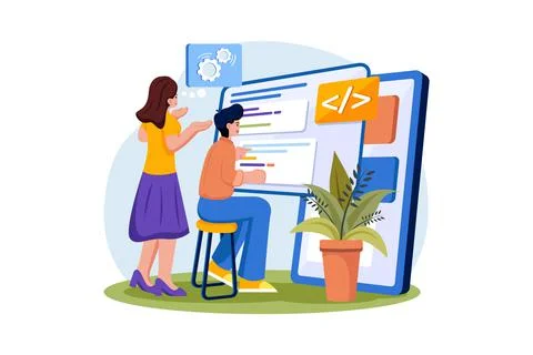 Team writes code programming for app or website Stock Illustration