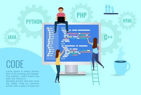 Team writes code programming for a game, app or website Stock Illustration