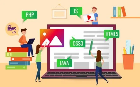 Team writes code programming for website. Vector Stock Illustration