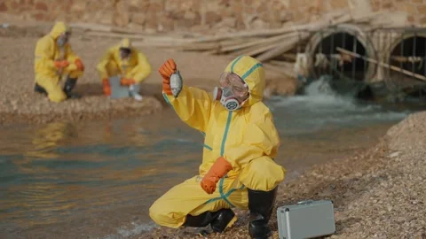 Team in yellow suits samples water near sewage outfall Stockbeeldmateriaal 343333924