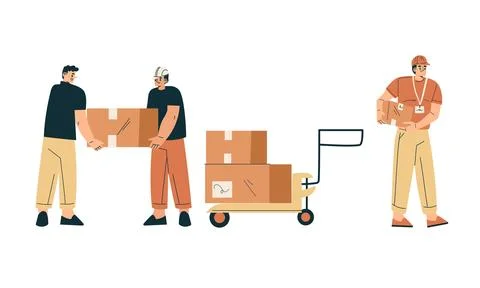 Teamwork in Action Efficiently Moving and Stacking Boxes for Better Logistics Stock Illustration