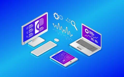 Teamwork analytics information on computer, Stock Illustration