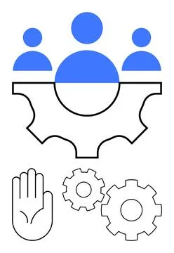 Teamwork and Collaboration Concept with Gear and Hand Symbols in Blue and Black 库存插图