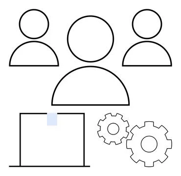 Teamwork and Collaboration Icon with People, Laptop, and Gears Representing.. Stock Illustration