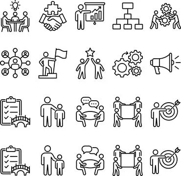 Teamwork and Collaboration Line Icons Set for Business Success. Stock Illustration