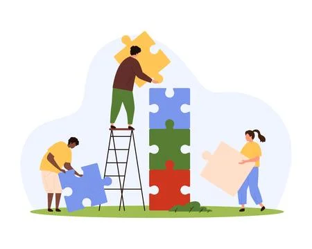 Teamwork and cooperation, partnership of tiny people, construction from puzzle Stock Illustration