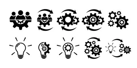 Teamwork and creative line icon set. Team and gear Stock Illustration