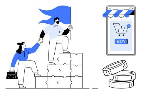 Teamwork and E-commerce Success Concept with Leader Guiding Colleague and O.. 스톡 일러스트