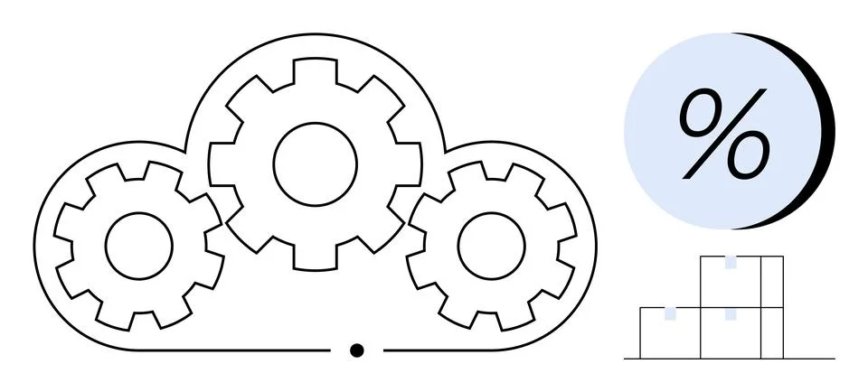 Teamwork and Efficiency Concept with Cloud Gears, Percent Sign, Stacked Boxes Stockillustratie