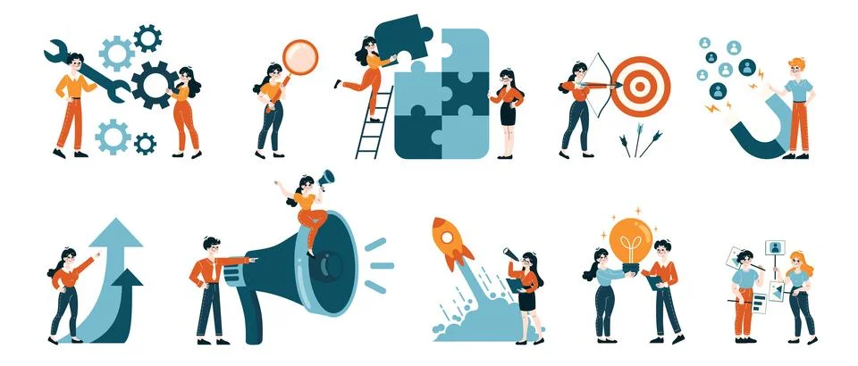 Teamwork and Goal Setting set Illustrazione stock