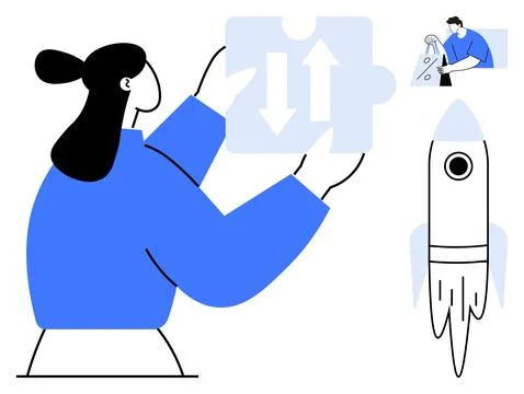 Teamwork and Innovation Assembling Puzzle Pieces with Rocket Launch イラスト素材