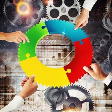 Teamwork and integration concept with connection of gear. 3D Rendering Stock Photos