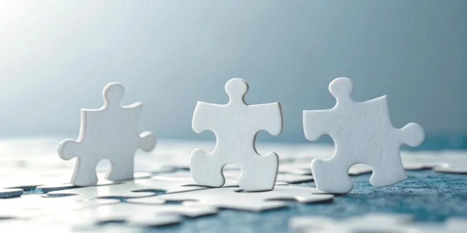 Teamwork and problem solving through collaboration with three white jigsaw piece Foto stock