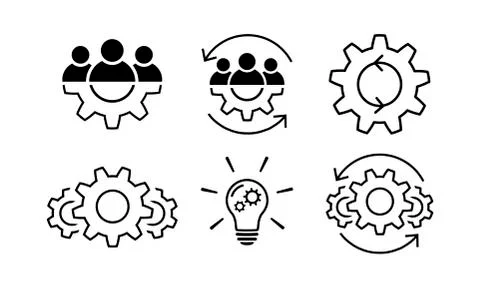 Teamwork and process line icon set in flat. Stock Illustration