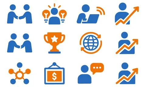 Teamwork and success icon set, blue and orange color scheme, vector illustr.. Stock Illustration