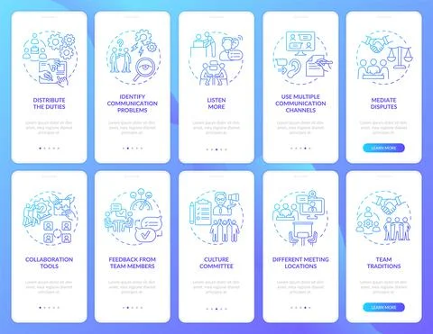 Teamwork blue gradient onboarding mobile app screen set Stock Illustration