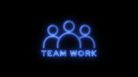 Teamwork blue neon sign showing human silhouettes over dark black background Stock Footage 345833376