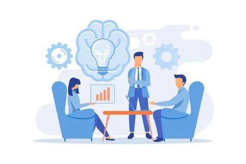 Teamwork, brainstorming tools, idea management, creative team, working proc.. Illustrazione stock