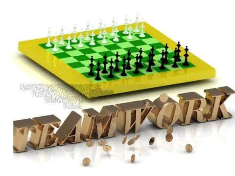 TEAMWORK- bright gold letters money and yellow chess on white background Stock Illustration
