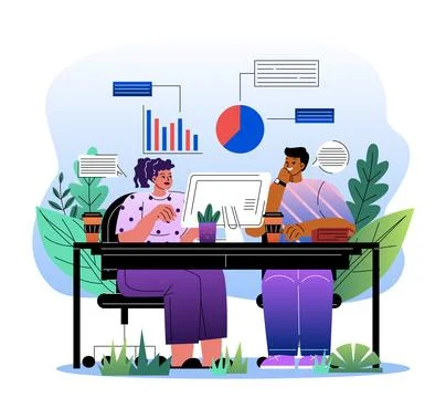 Teamwork on business analytics at desk. Vector illustration Stock Illustration