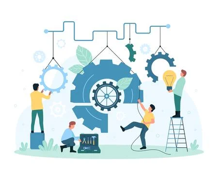 Teamwork for business improvement, tiny people work with system settings, moving Illustration