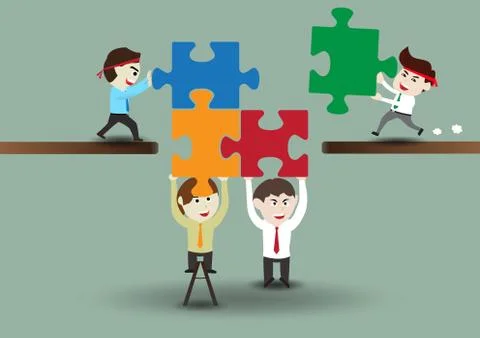 Teamwork, business men assembling pieces of a puzzle Illustrazione stock