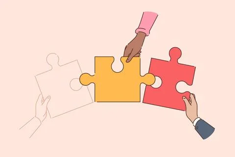 Teamwork of business people whose hands are putting together big puzzle to イラスト素材