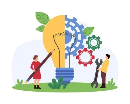 Teamwork for business project improvement, creative innovation idea by tiny Illustrazione stock