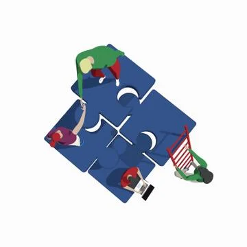 Teamwork business solution concept with persons and puzzle elements. Template 스톡 일러스트