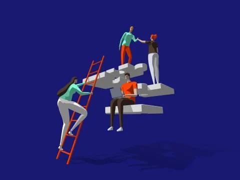 Teamwork business solution concept with persons and puzzle elements. Team Ilustración de archivo