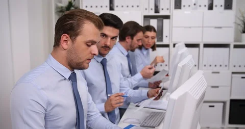 Teamwork of Business Team Working Computer Analyze Pie Chart Data Talk in Office Stock Footage 87897985