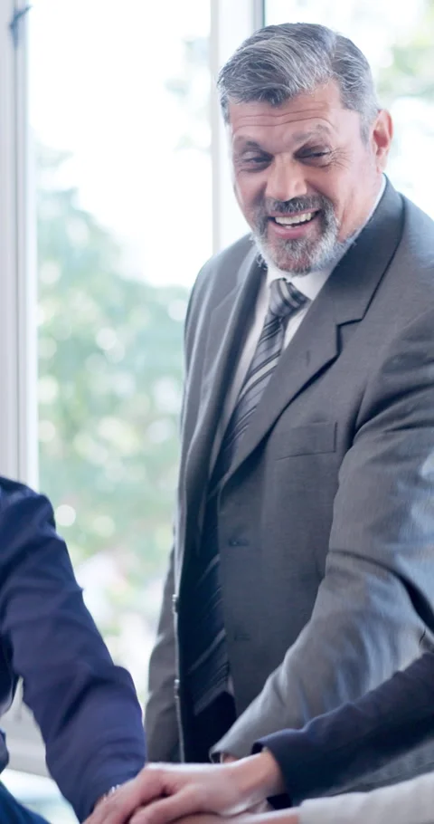 Teamwork, businessman and hands together for celebration, goal motivation and Stock Footage 337534172