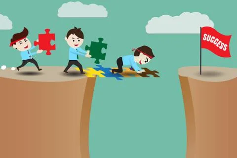 Teamwork, businessmen assembling pieces of a puzzle bridge Illustrazione stock