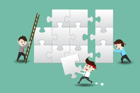 Teamwork, businessmen assembling pieces of a puzzle Stock Illustration