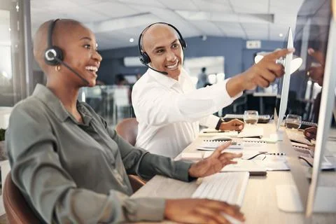 Teamwork, call center and computer for advice or help with account information Stock Photos