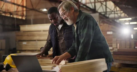 Teamwork, carpenter and laptop in workshop, apprentice and designer furniture Stock Footage 285853698