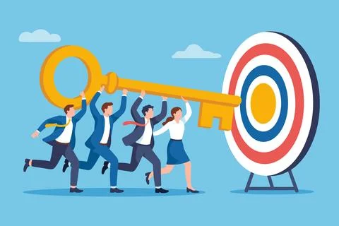 Teamwork Carrying Key Toward Target Goal Business Success Illustration. Stock Illustration