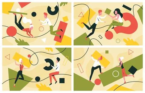 Teamwork of characters with geometric shapes set, corporate colleague organize Stockillustratie
