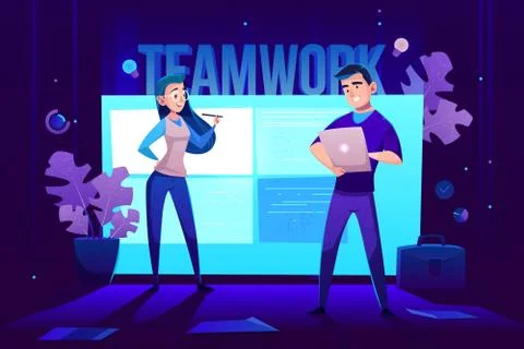 Teamwork characters at screen for presentations Stock Illustration
