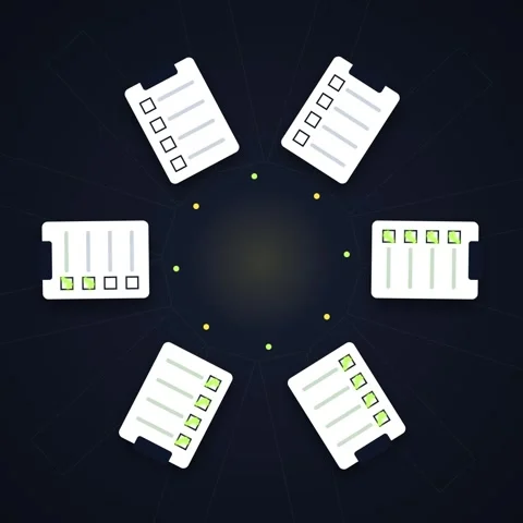 Teamwork checklist concept with documents and stars on dark background Stock Footage 348199702