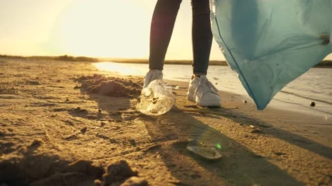Teamwork cleaning plastic on the beach. Volunteers collect trash in a trash bag Stock Footage 138893363