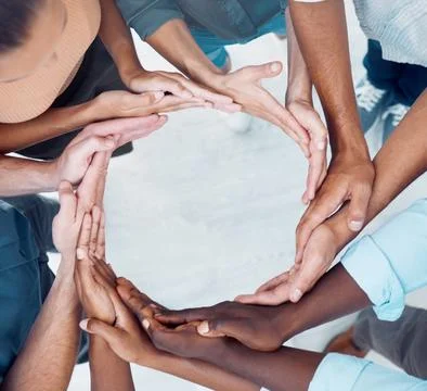 Teamwork, collaboration and circle of synergy hands, support and solidarity of Stock Photos