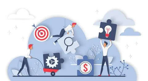 Teamwork Collaboration with Cloud Puzzle Elements 스톡 일러스트