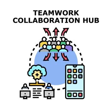 Teamwork collaboration hub connecting people and technology Stock Illustration
