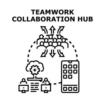 Teamwork collaboration hub connecting people and technology Stock Illustration