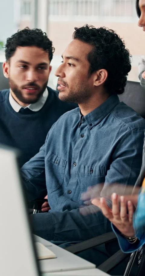 Teamwork, computer and business people in office, conversation for project Stock Footage 327852478