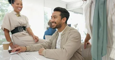 Teamwork, computer and coaching with business people in office for strategy Stock Photos