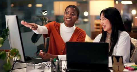 Teamwork, computer and coaching with business people in office for tech startup Stock Photos