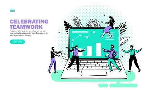 Teamwork with the computer and graph, work environment vector Stock Illustration